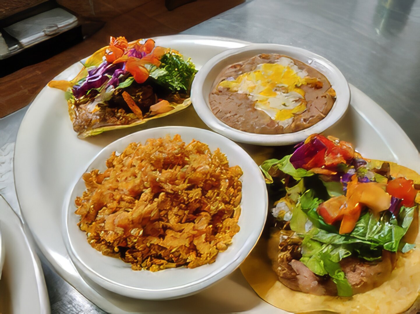 Tostada Platter Two crispy tostadas topped with cheddar and Monterey jack cheese, lettuce, and tomatoes. Served with spanish rice or fideo and refried beans.