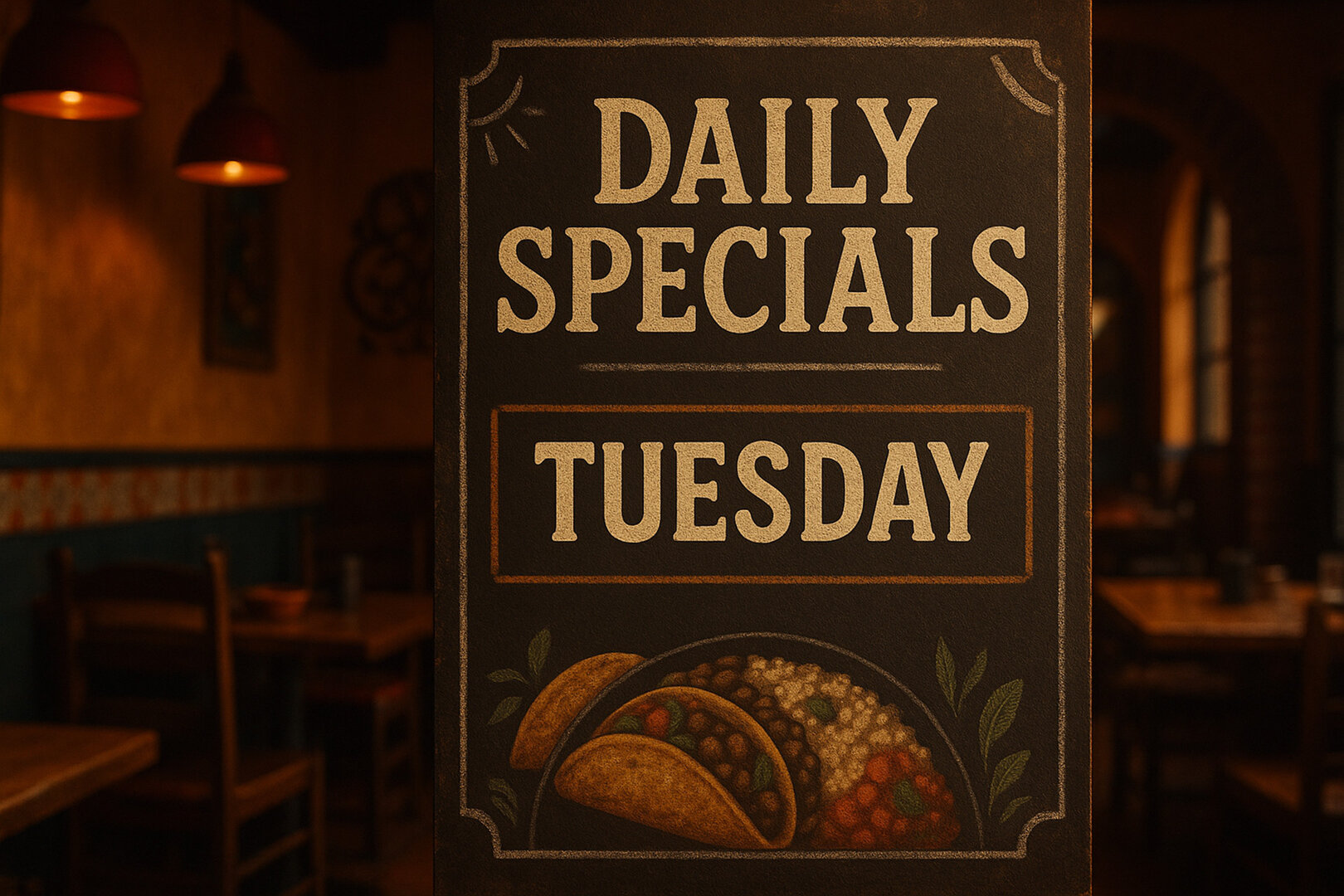 Daily Specials - Tuesday Taco Plate | Two crispy tacos topped with lettuce, tomato and cheese. Served with a choice of Spanish D rice or fideo, and refried beans. Ground sirloin, Pork or Shredded chicken.